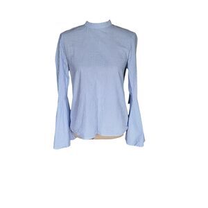 Blue and white high collared single button closure bell sleeve top, size medium